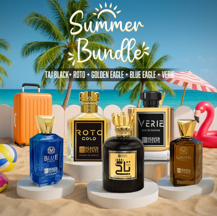Perfume bottles on a beach with 'Summer Bundle' text and palm trees in the background